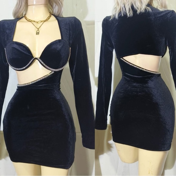 SHEIN Black Velvet Dress with Rhinestone Detail - Picture 1 of 7
